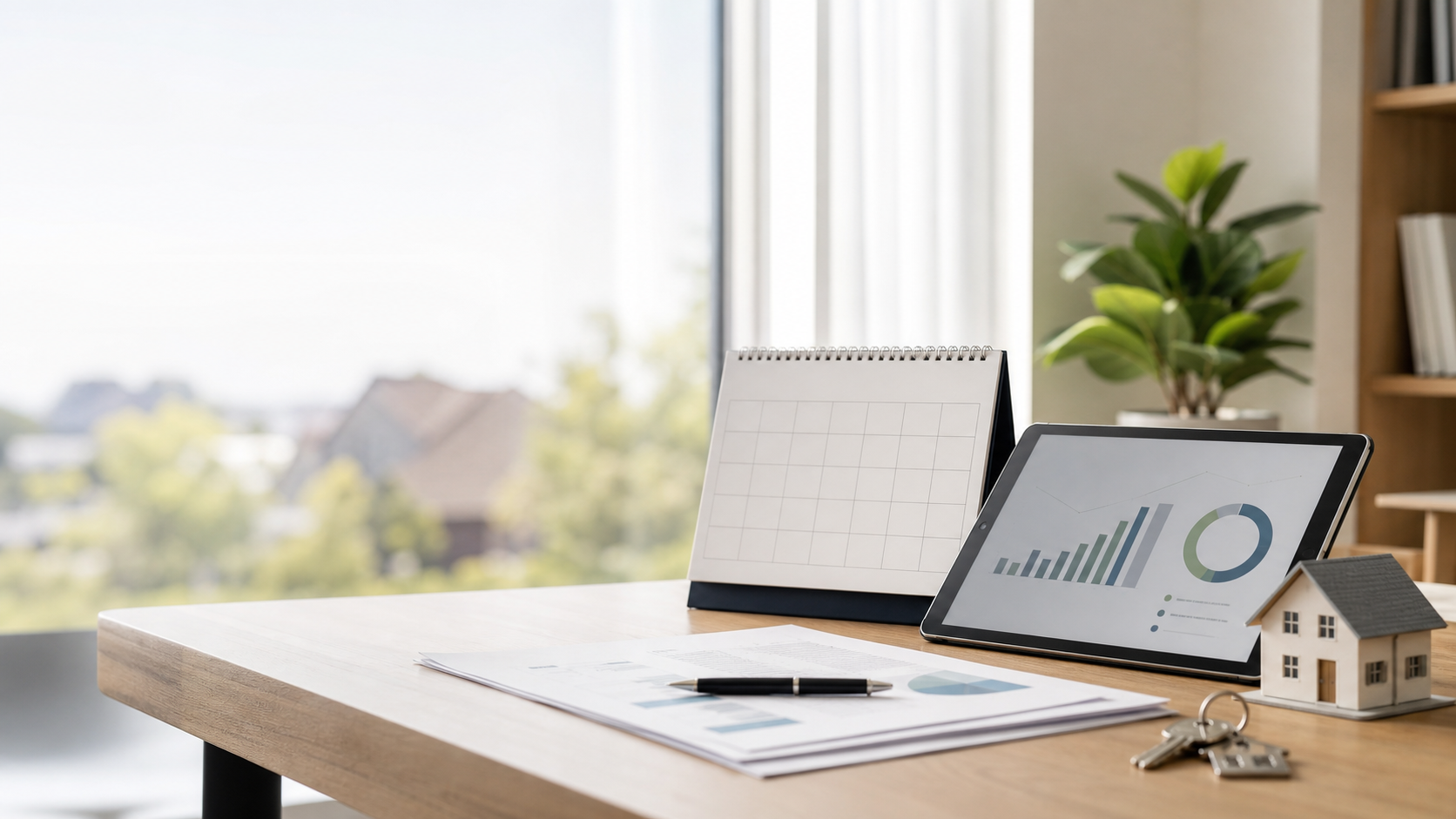 Residential property valuation report with tax deadline calendar, market chart and house keys